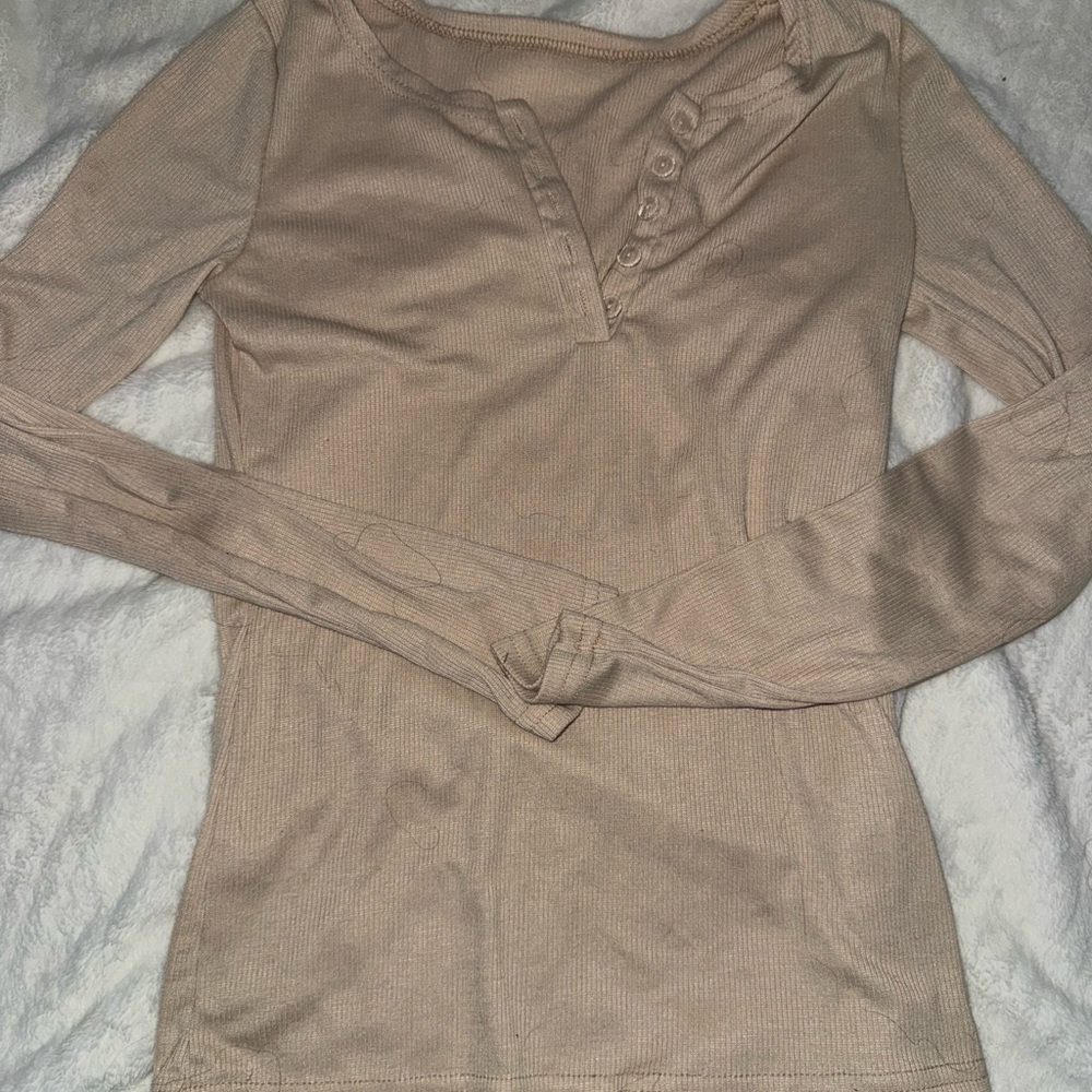 SHEIN Beige Long Sleeve Top with Button Detail